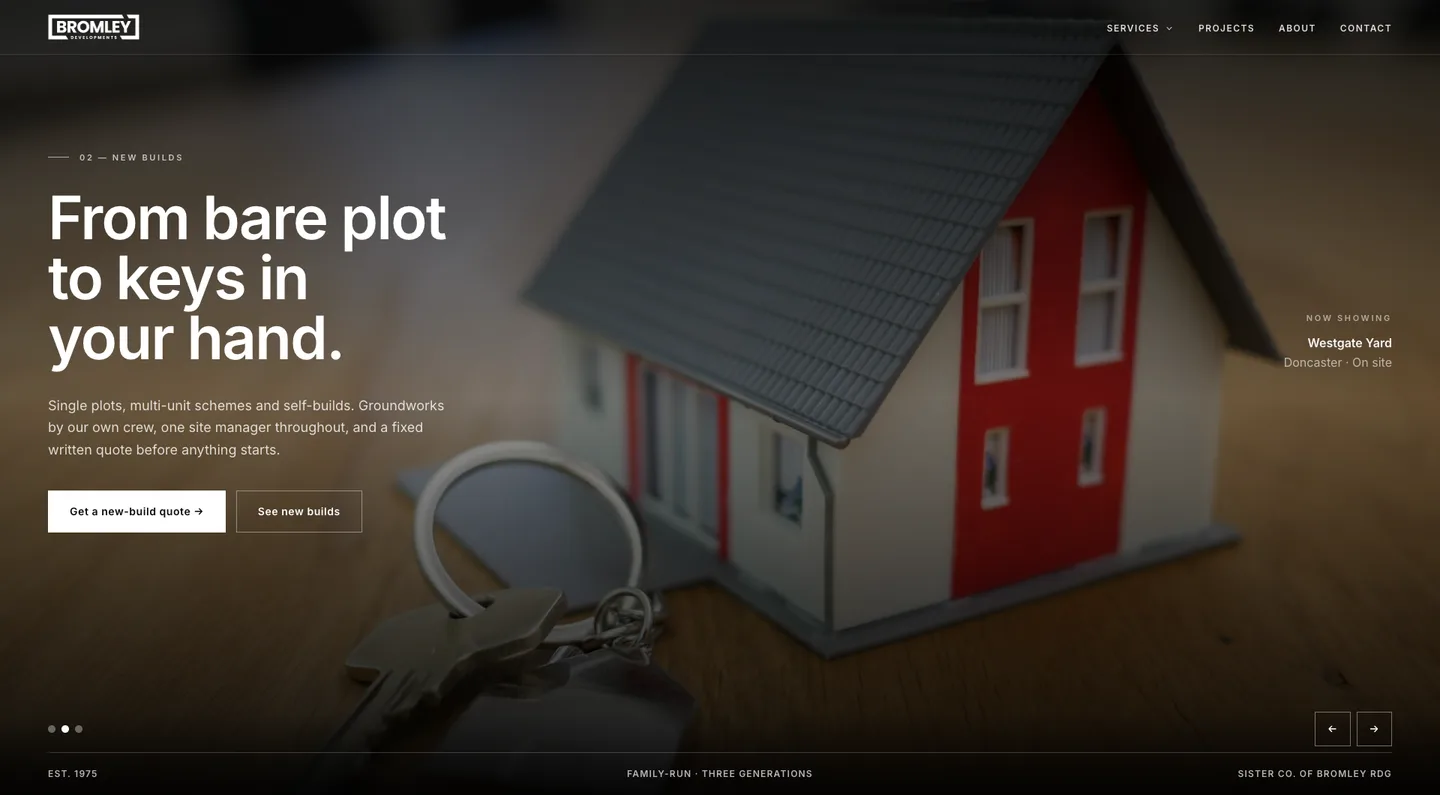 The Bromley Developments homepage: the heading “From bare plot to keys in your hand” over a model house and a set of keys, with a new-build quote button.