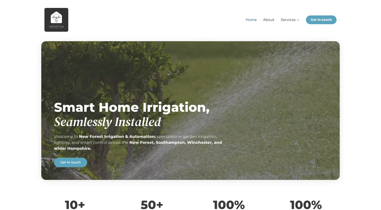 The New Forest Irrigation & Automation homepage: the heading “Smart Home Irrigation, Seamlessly Installed” over a lawn sprinkler.
