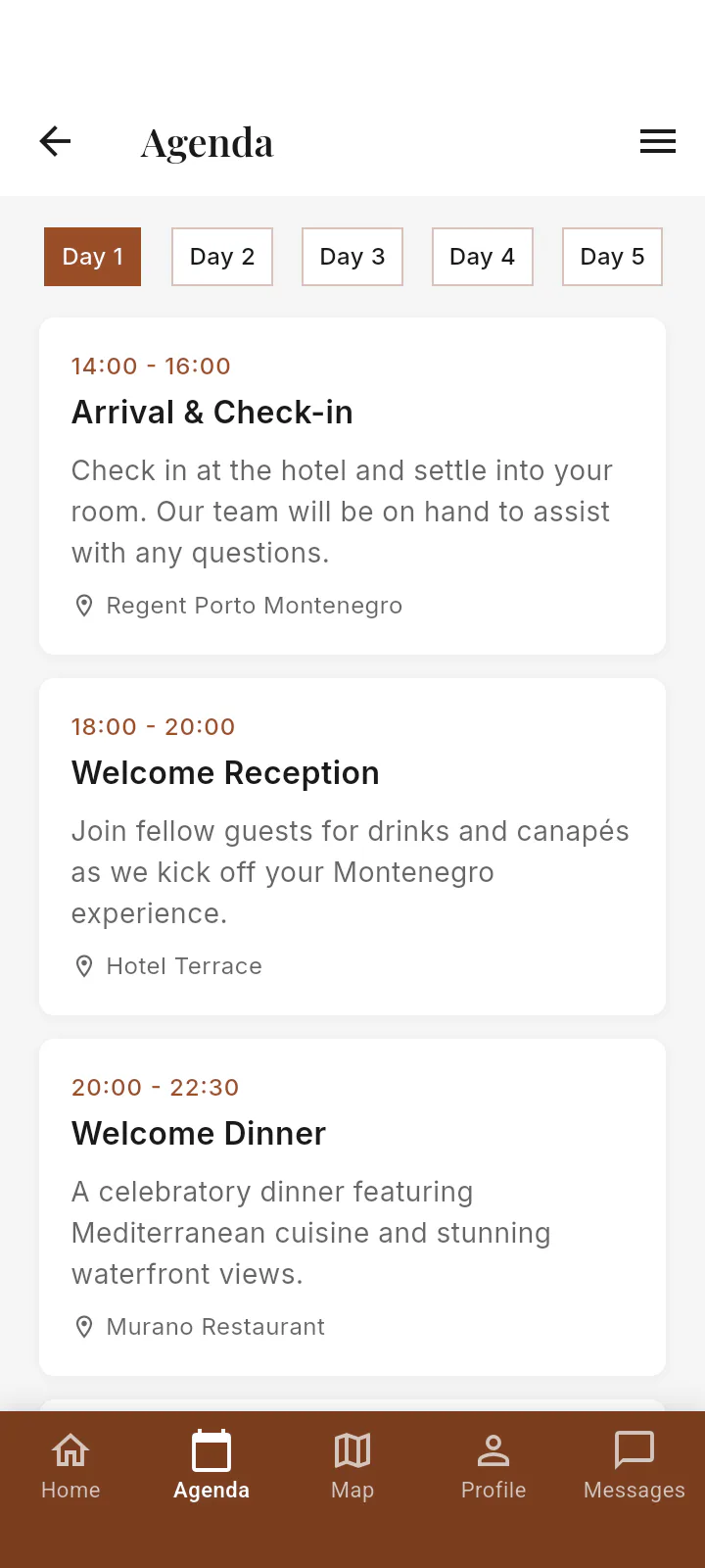 MKM Montenegro Android app agenda screen.