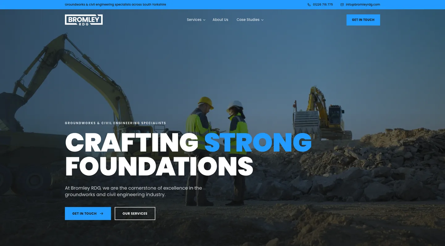 The Bromley RDG homepage: the heading “Crafting strong foundations” over two engineers and diggers on a groundworks site.