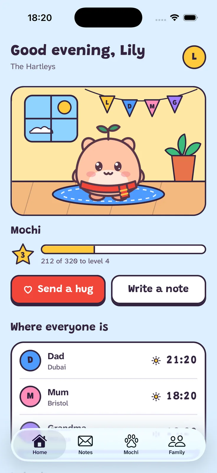 The Snug app's home screen: a little creature on a rug, buttons to send a hug or write a note, and where everyone in the family is, with their local times.