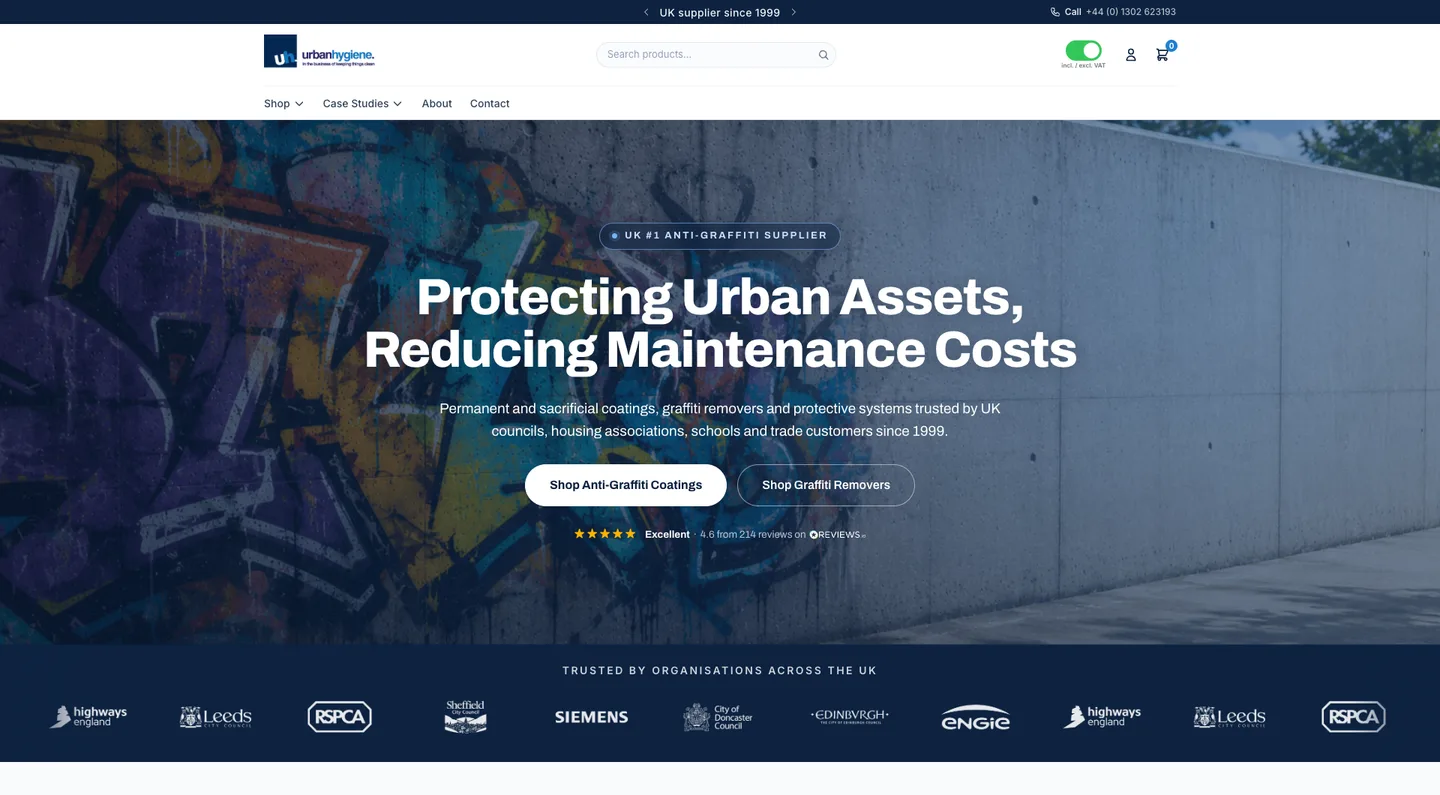 The Urban Hygiene homepage: a graffiti-covered concrete wall behind the heading “Protecting Urban Assets, Reducing Maintenance Costs”, with shop buttons.