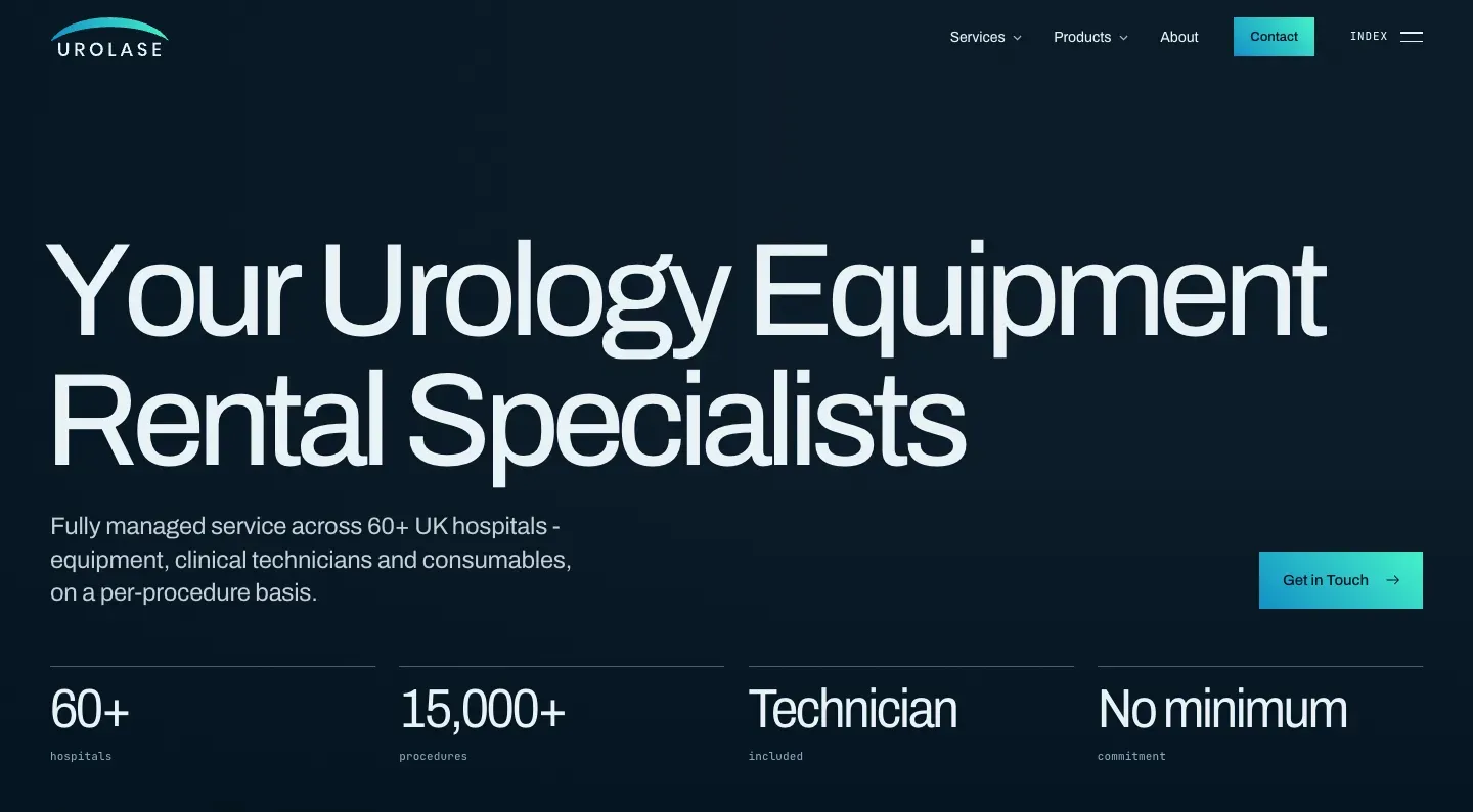 The new Urolase homepage: the heading “Your Urology Equipment Rental Specialists” over a field of fine teal lines, with a Get in touch button.